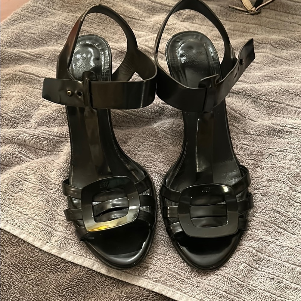 Roger Vivier Black Patent Leather Sandals Block Heels with Black Buckle Detail